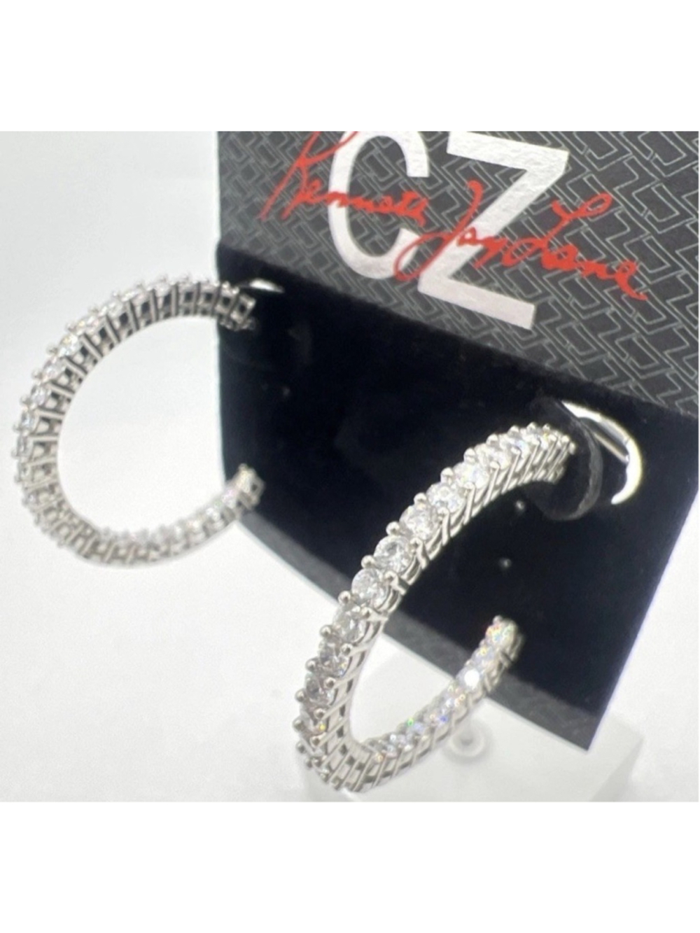KJL Kenneth Jay Lane 1.5” InsideOut Hoop Earrings 52 Lg Stone Rhodium  Orig$200